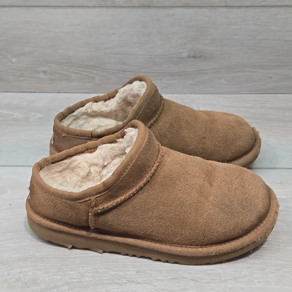 Ugg Australia Youth Cozy Chestnut Suede Shearling Slip-On Clogs Sz 4